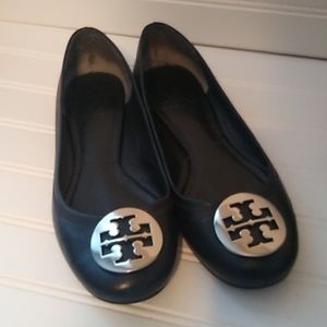 Tory Burch Laura Flats Shoes Black Silver Sz 8M